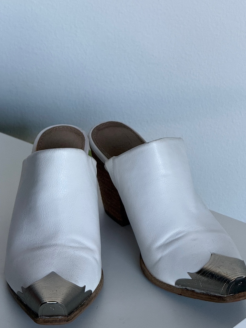 White Western Mules with Silver Toe Cap - Size 8